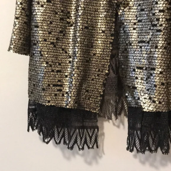 Free People Gold Distressed Metal Sequin Lace Stardust Kimono Jacket XS